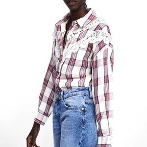 Zara Plaid Lace Button Up Cotton Shirt Western Vibe